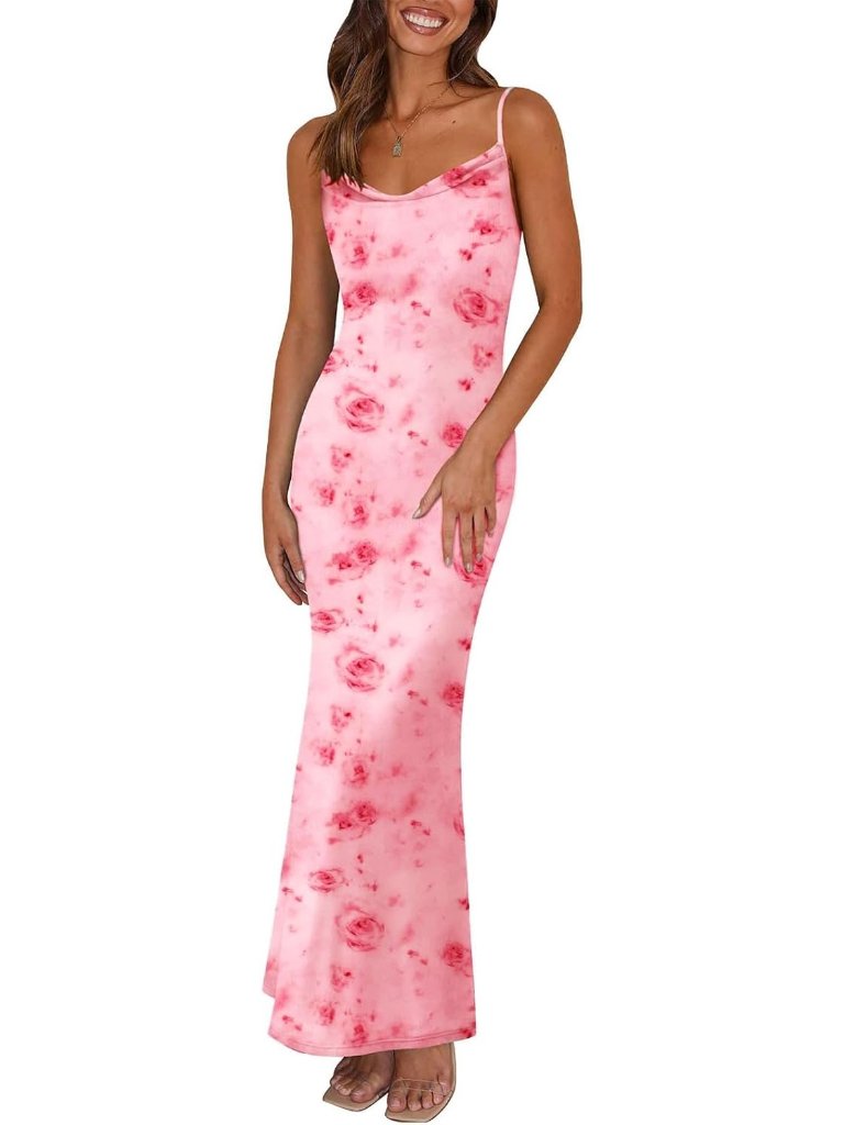 Women's Pink Summer Floral Spaghetti Strap Maxi Dress Stretch Bodycon Dress